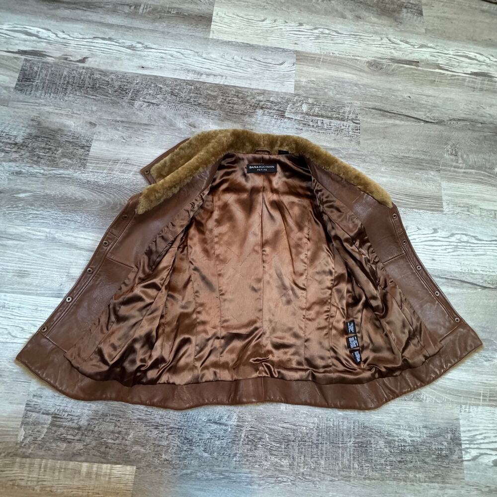 Vintage 90s Dana Buchman Brown Leather Shearling Vest Luxe Mob Wife Small - Picture 3 of 9